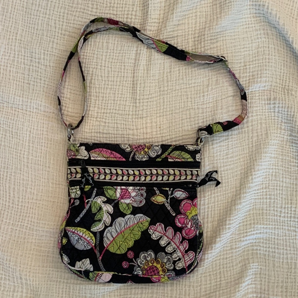 Vera Bradley Black Floral Crossbody with Pink and Green Accents